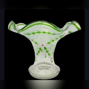 Bohemian Ruffled Glass Vase Satin Green Floral Leaf & Vine Enameled Design